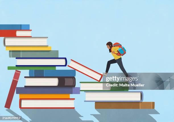 ilustraciones, imágenes clip art, dibujos animados e iconos de stock de girl with backpack climbing stack of books - estudiante