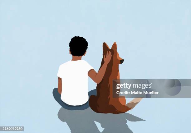 rear view affectionate boy petting dog on blue background - connect illustration stock illustrations