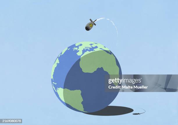 illustrations, cliparts, dessins animés et icônes de atomic bomb flying over earth - bombe nucléaire