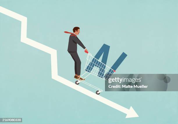 man riding shopping cart with ai text down descending arrow - stock-market-crash stock illustrations