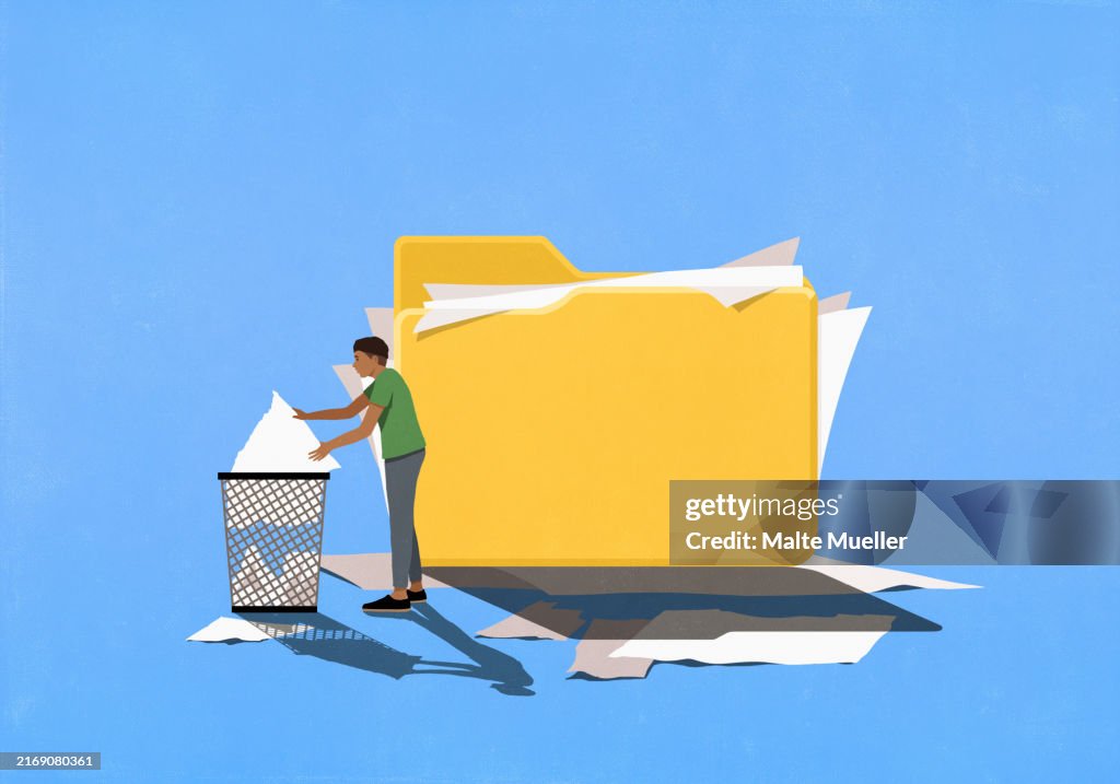 Messy File Vector Man Placing Torn Files From Messy Folder Into Garbage Can High-Res ...