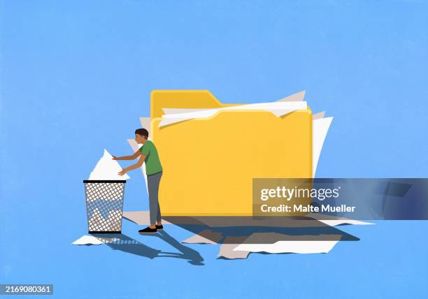 man placing torn files from messy folder into garbage can - enterprise records management stock illustrations