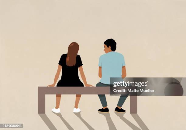 couple sitting on bench together - adversity stock illustrations