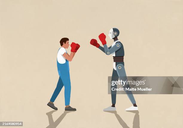 robot and man in overalls boxing face to face with boxing gloves - boxing robots stock illustrations