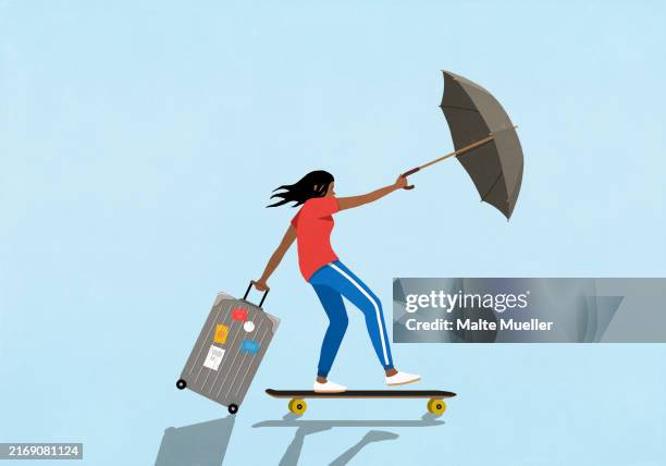 woman with suitcase and umbrella skateboarding in wind - success stories stock illustrations