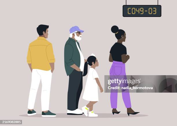 people waiting in a modern electronic queue system at a busy service center during midday, showcasing diverse individuals anticipating their turn - woman checking out stock illustrations