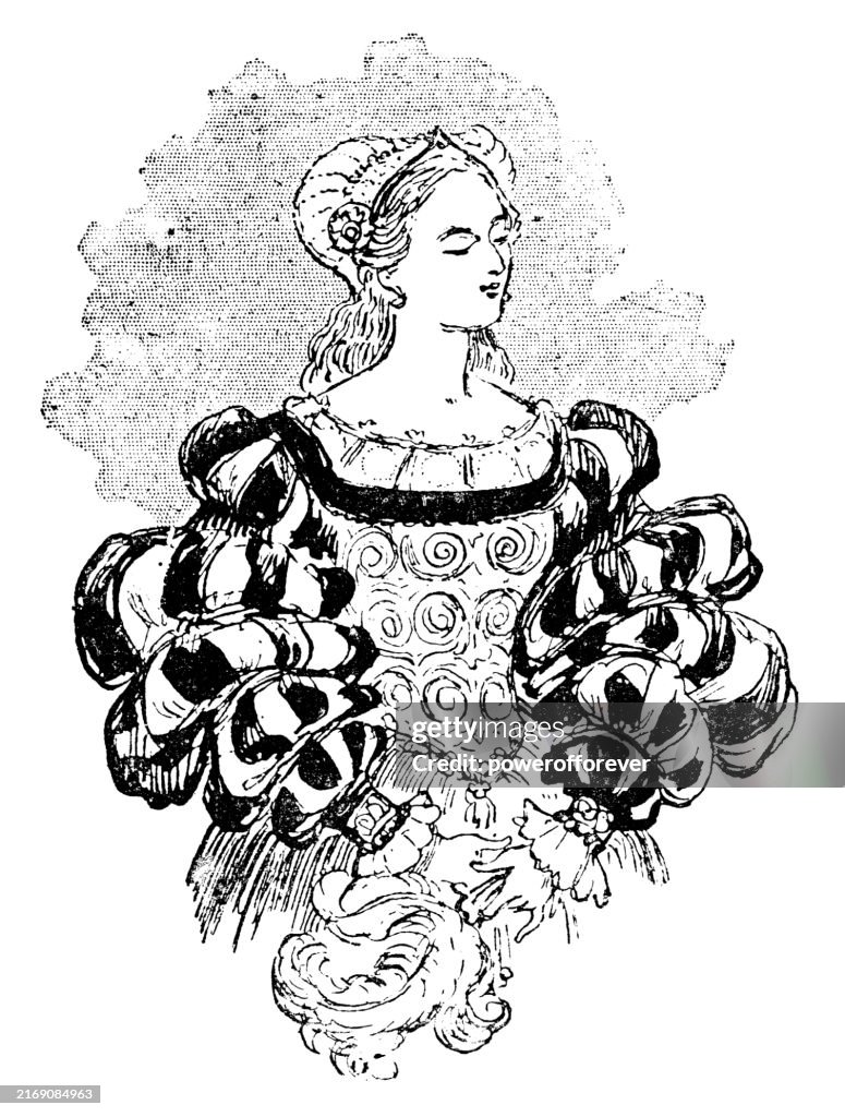 1640s Renaissance Fashion, Ladies Stuart Dress with Doublet Bodice, Paned Virago Sleeves, and Coif Cap - 17th Century