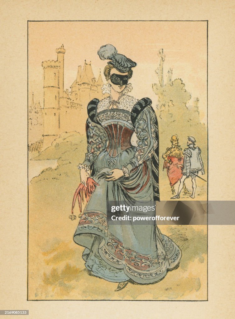 1560s Renaissance Fashion, Ladies Elizabethan Embroidered Dress with Padded Shoulder Rolls and Tudor Bonnet Round Cap - 16th Century