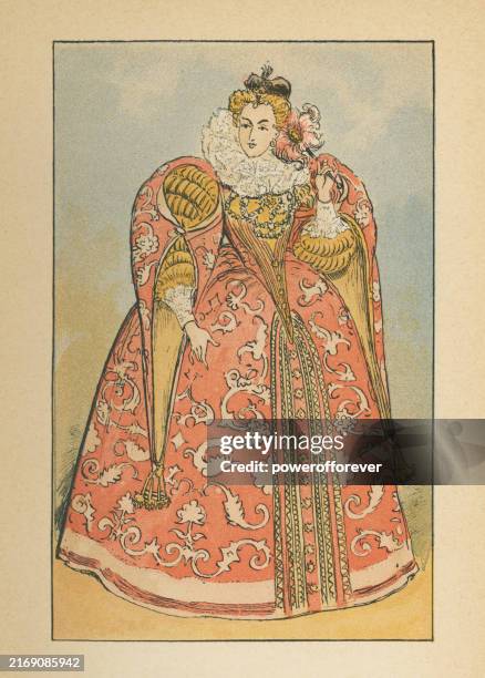 stockillustraties, clipart, cartoons en iconen met 1590s renaissance fashion, ladies elizabethan farthingale dress with hanging sleeves, neck ruff, and attifet headdress - 16th century - elizabethaanse stijl