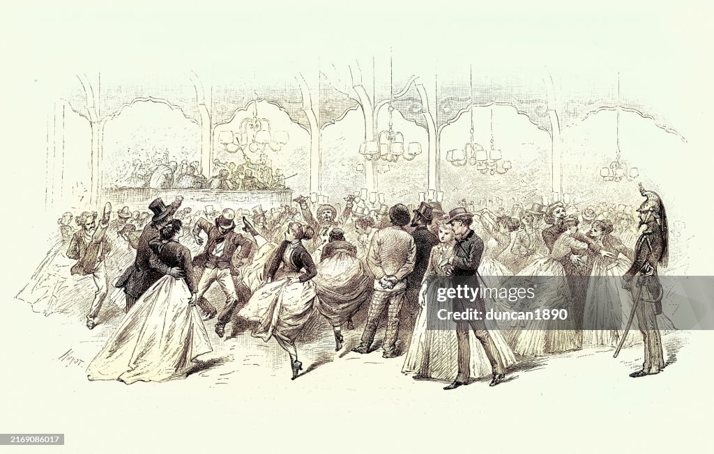 People dancing wildly in a dance hall, Women kicking legs in air, French, Victorian 1890s 19th Century
