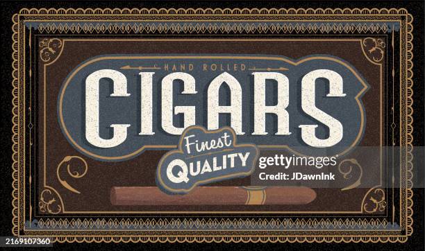 old fashioned cigar box label design with ornate frame and typography design - cigar stock illustrations