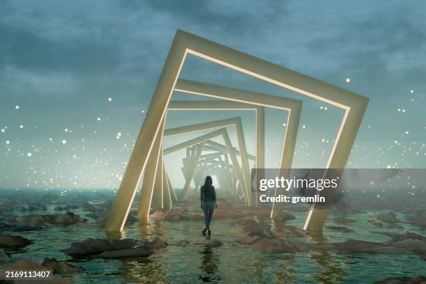 woman standing in fantasy landscape - woman walking out door silhouette stock pictures, royalty-free photos & images