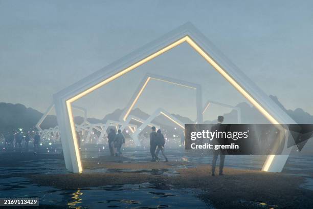 people walking in fantasy landscape - woman walking out door silhouette stock pictures, royalty-free photos & images