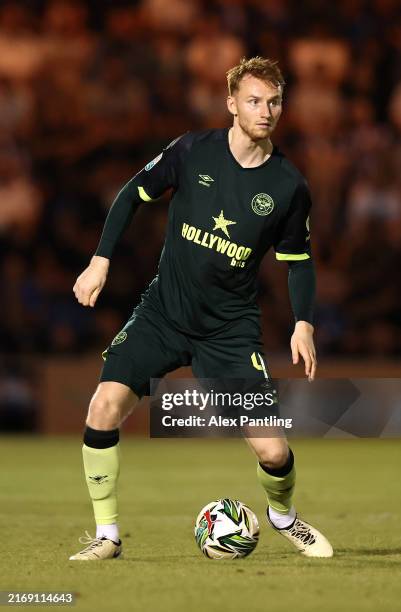 Sepp van den Berg of Brentford during the Carabao Cup Second Round match between Colchester United and Brentford at JobServe Community Stadium on...
