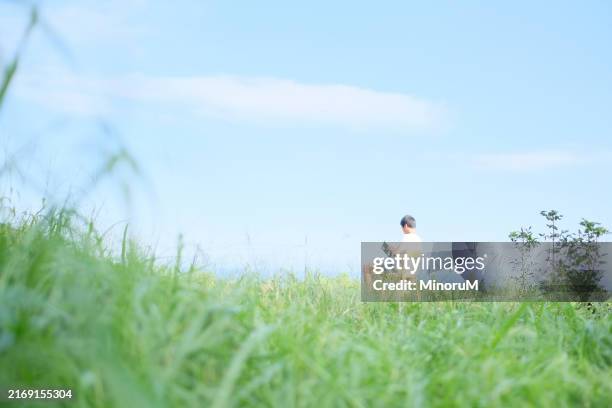 a boy reading a book in a field - satoyama scenery stockfoto's en -beelden