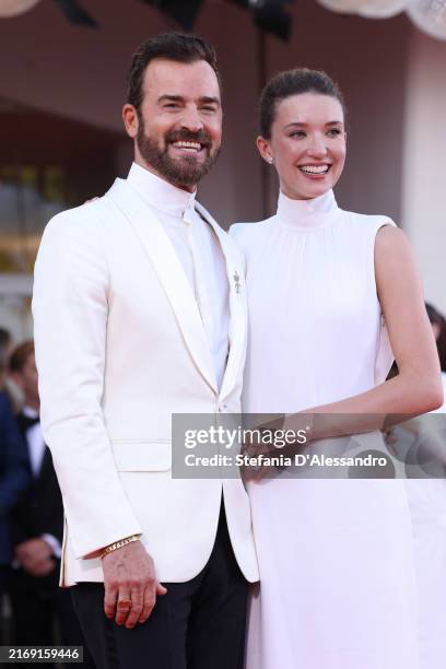 Justin Theroux and Nicole Brydon Bloom attend a red carpet for "Beetlejuice Beetlejuice" during the 81st Venice International Film Festival at on...