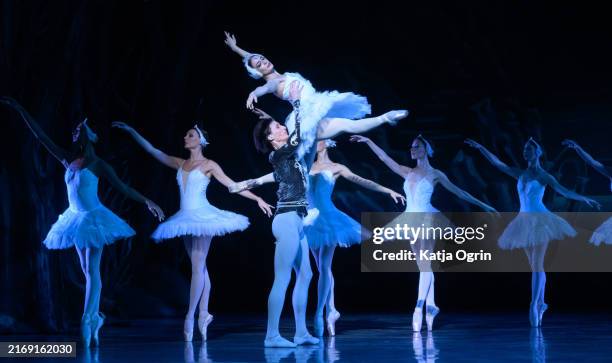 Nino Samadashvili and Oleh Lihai perform on stage during a dress rehearsal at a photocall for the State Ballet of Georgia production of "Swan Lake"...