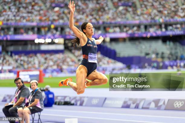 Katarina Johnson-Thompson of Great Britain in action in the Women's Heptathlon Long Jump during the Athletics Competition at the Stade de France...
