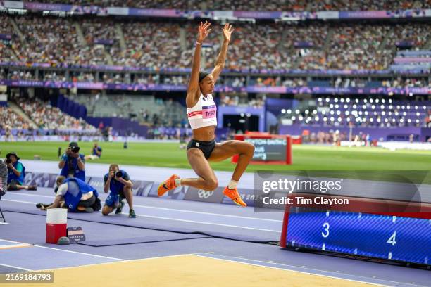 Nafissatou Thiam of Belgium in action in the Women's Heptathlon Long Jump during the Athletics Competition at the Stade de France during the Paris...