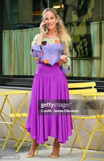 Sarah Jessica Parker is seen on the set of "And Just Like That..." Season 3 on the Upper East Side on August 28, 2024 in New York City.