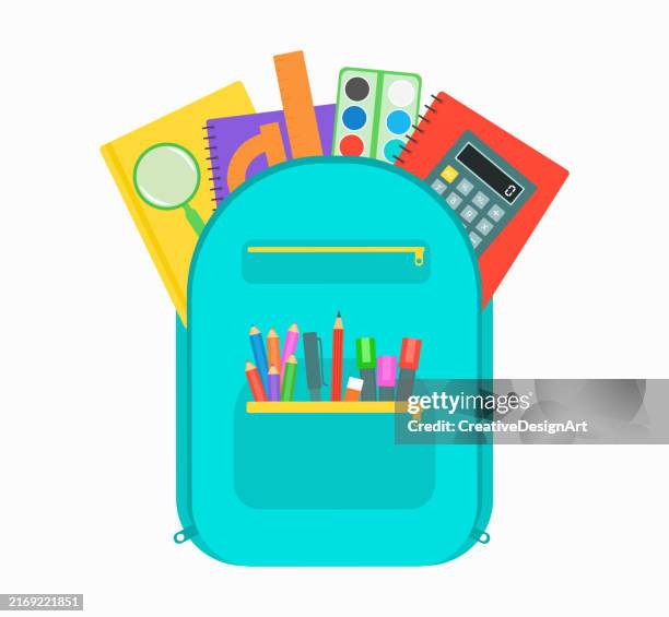ilustraciones, imágenes clip art, dibujos animados e iconos de stock de mochila escolar abierta con papelería escolar sobre fondo blanco - material escolar