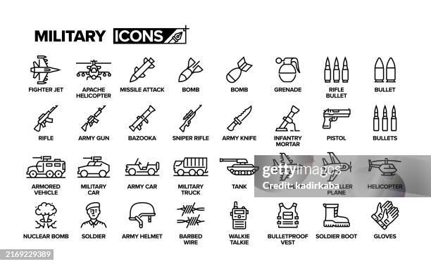 illustrations, cliparts, dessins animés et icônes de jeu d’icônes de ligne d’équipement militaire. groupe d’objet, guerre, avion de chasse, hélicoptère apache, attaque de missile, bombe, balle, soldat, voiture militaire, industrie de la défense. - avion de chasse