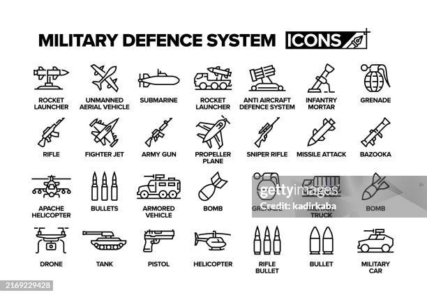 stockillustraties, clipart, cartoons en iconen met military defence system line icon set. group of object, war, fighter jet, apache helicopter, missile attack, bomb, bullet, soldier, army car, defense industry. - geweer