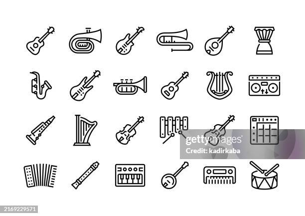 illustrations, cliparts, dessins animés et icônes de jeu d’icônes de ligne d’instruments de musique. groupe d’objet, guitare, violon, mandoline, ukulélé, piano, clarinette, trombone, trompette. - flûte instrument de musique