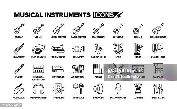 musical instruments line icon set. group of object, guitar, violin, mandolin, ukulele, piano, clarinet, trombone, trumpet. - woodwind instrument stock illustrations