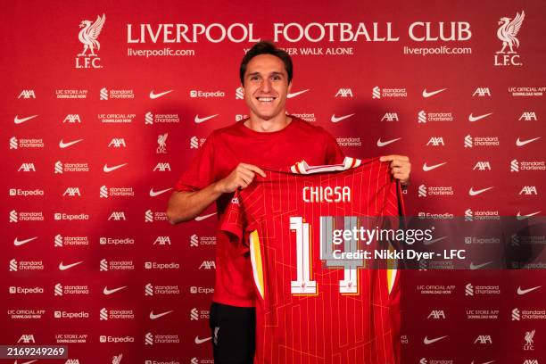 Federico Chiesa new signing of Liverpool at AXA Training Centre on August 28, 2024 in Kirkby, England.