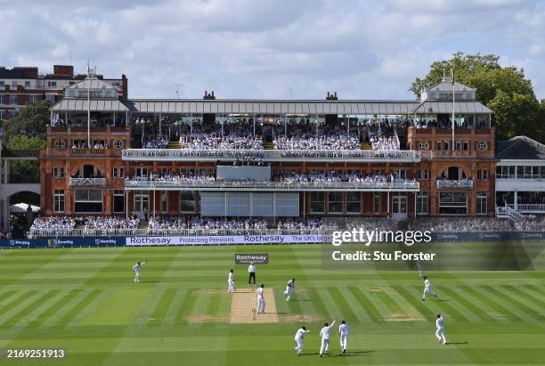 Sri Lanka bowler Lahiru Kumara dismisses England batsman Dan Lawrence with the pavilion as the backdrop during day one of the 2nd Test match between...