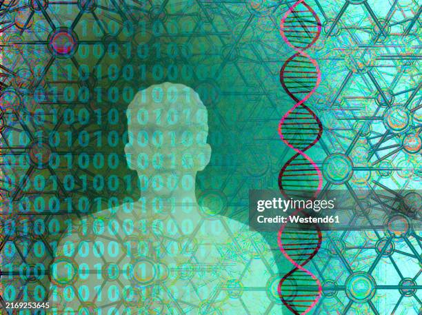 illustration of abstract binary codes with human dna structure - microbiology background stock illustrations