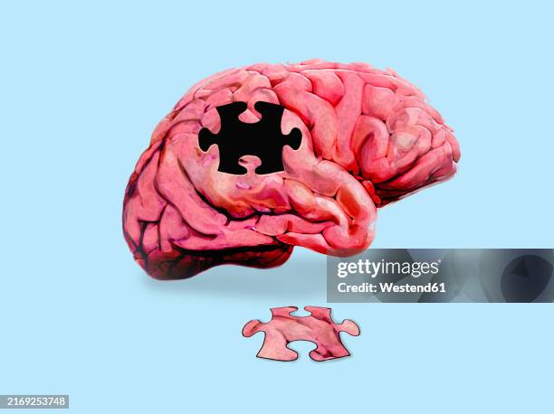 illustrations, cliparts, dessins animés et icônes de illustration of human brain with jigsaw piece against blue background - dernière pièce du puzzle