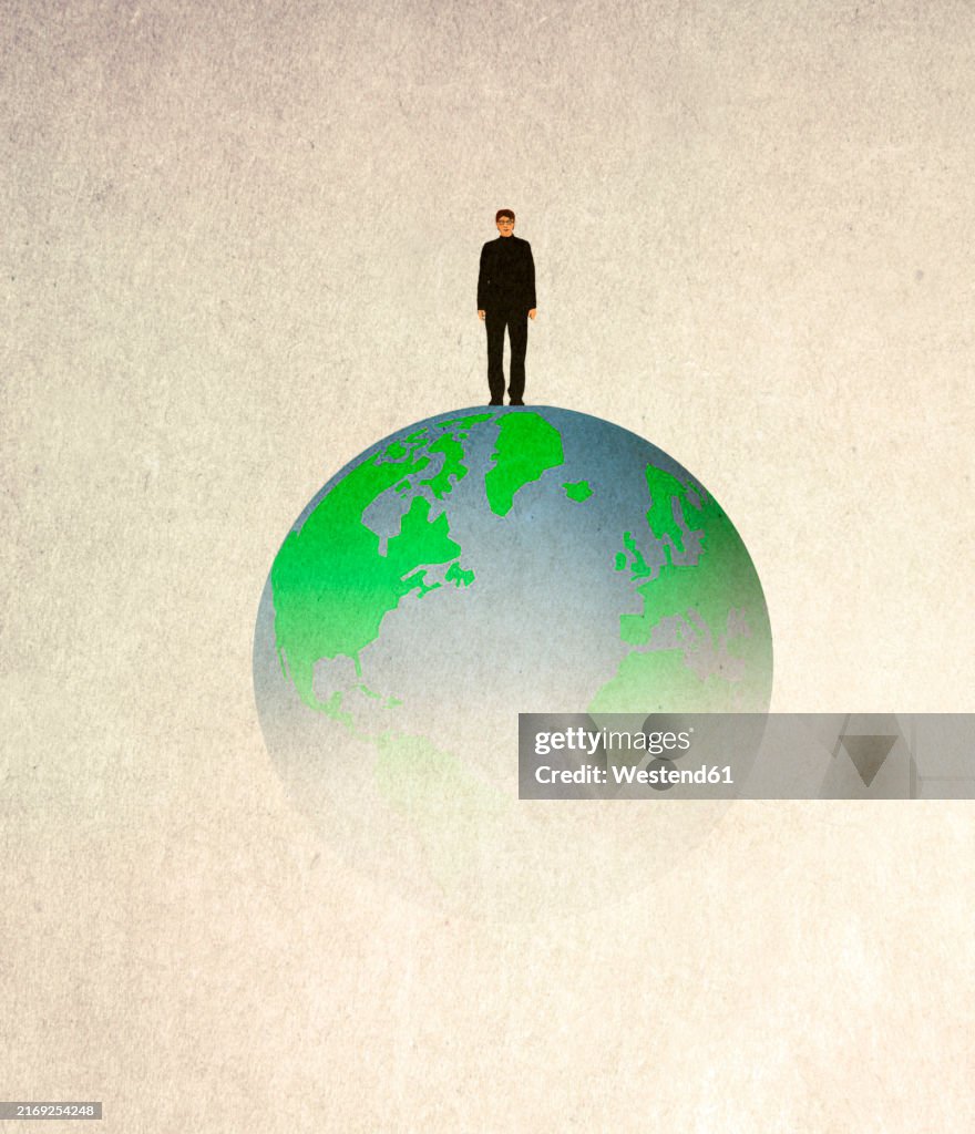Illustration of man standing on top of fading earth