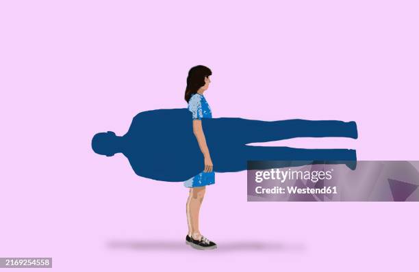 ilustraciones, imágenes clip art, dibujos animados e iconos de stock de illustration of woman holding cut out of man against pink background - estereotipo-de-géneros