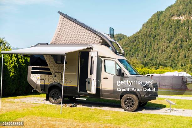 van life with customized luxury motorhome globally connected - car sunshade stock pictures, royalty-free photos & images