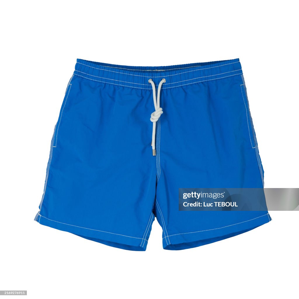 Blue swim shorts on white background