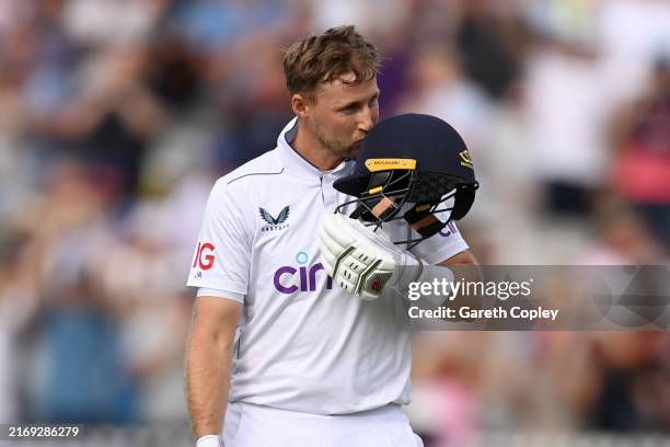 Joe Root of England celebrates reaching his century during the 2nd Test Match between England and Sri Lanka at Lord's Cricket Ground on August 29,...
