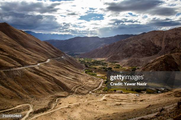 General view of houses on a Karu road in Leh on August 28, 2024 east of Srinagar in Ladakh, India. Ladakh, in the northeastern part of Jammu and...