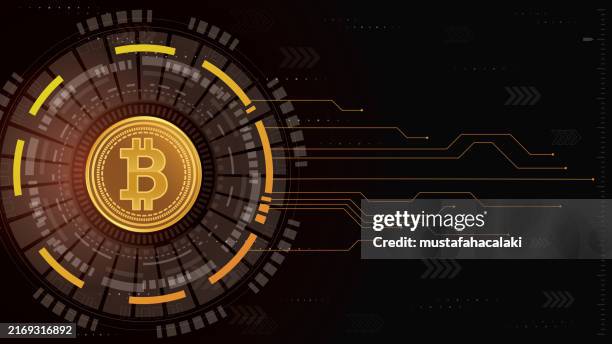 golden bitcoin on abstract technology background - server lights stock illustrations