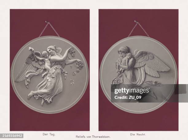 day and night, reliefs by bertel thorvaldsen, chromolithographs, published in 1889 - relief carving stock illustrations