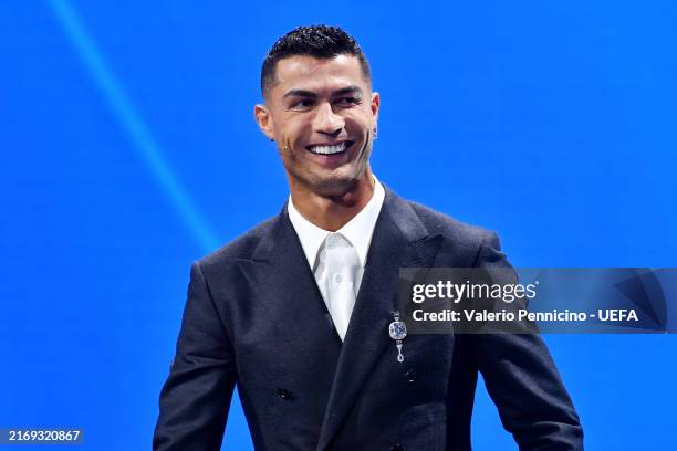 Cristiano Ronaldo, Portuguese professional footballer reacts during the UEFA Champions League 2024/25 Group Stage Draw at Grimaldi Forum on August...