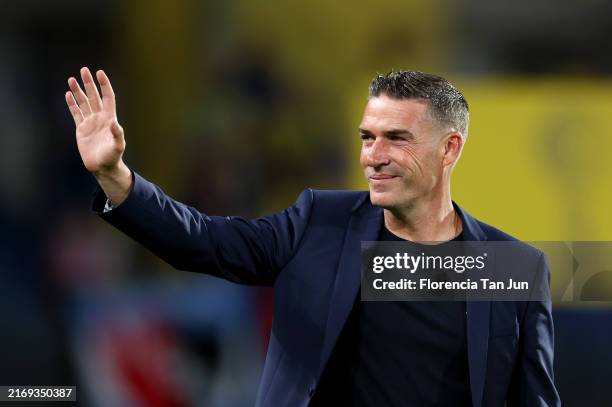 Luis Miguel Carrion Delgado, Head Coach of UD Las Palmas, waves prior to the La Liga match between UD Las Palmas and Real Madrid CF at Estadio Gran...
