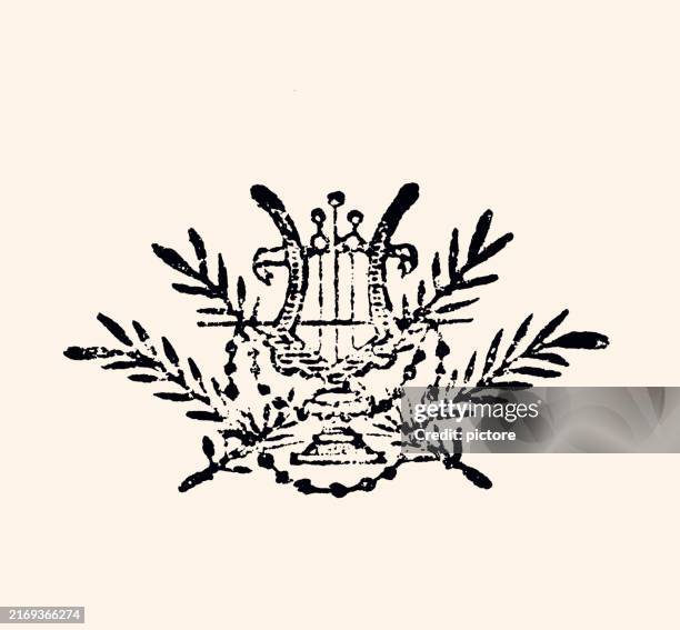lyre surrounded by symbolic laurel branches, to inspire a festive event - plant part stock illustrations
