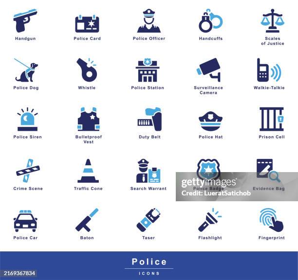 ilustrações, clipart, desenhos animados e ícones de ícones de glifo de polícia.representam vários aspectos da aplicação da lei, desde a identificação e proteção até ferramentas e equipamentos. revólver, algemas, sirene de polícia, policial, distintivo, walkie-talkie, taser - posto policial
