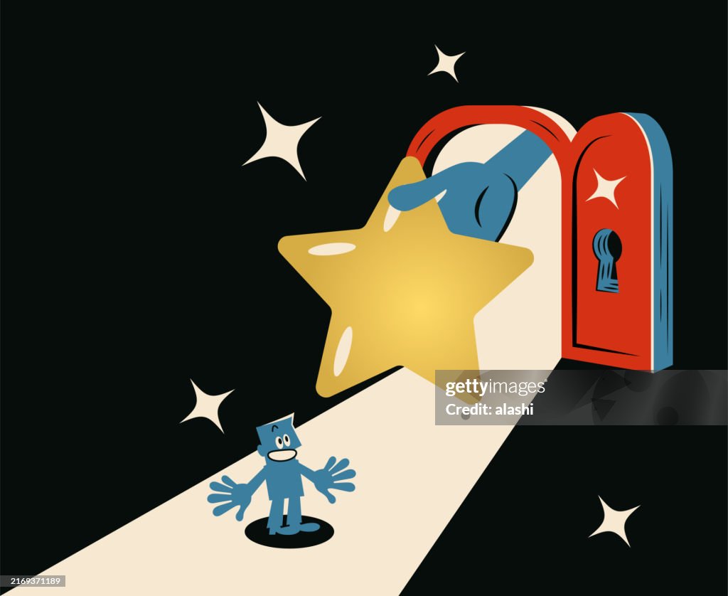 A giant hand opens the door and gives the businessman a big golden star, lighting the road ahead