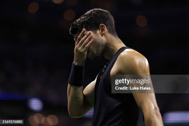 Carlos Alcaraz of Spain reacts after a point against Botic van De Zandschulp of the Netherlands during their Men's Singles Second Round match on Day...