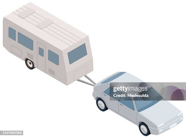isometric caravan with car illustration in vector. - camper trailer stock illustrations