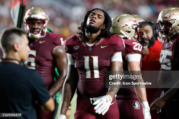Florida State Seminoles defensive lineman Patrick Payton reacts during a college football game against the Boston College Eagles on September 02,...