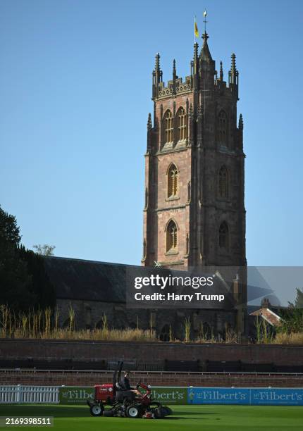 Groundstaff work on the outfield ahead of Day Two of the Vitality County Championship Division One match between Somerset and Durham at The Cooper...
